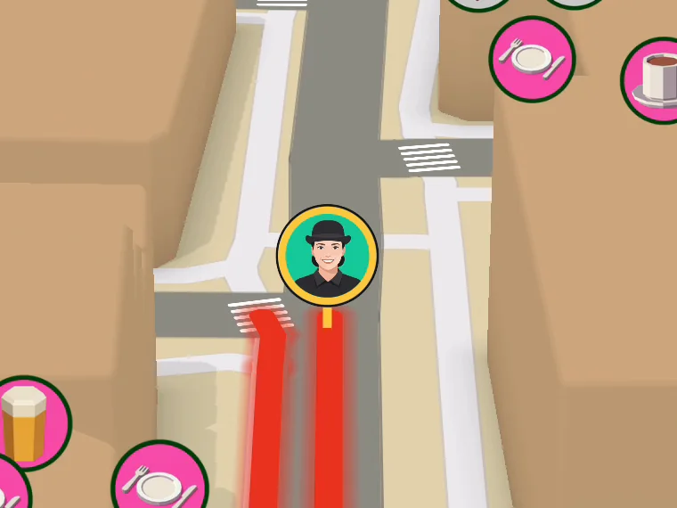 A walker's face in its ring on the game's map, red ink on the street behind, places round about.