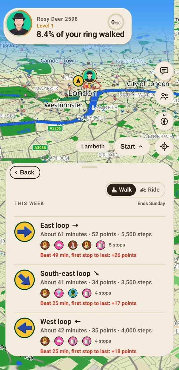 This week's challenges in London: three loops with their stops, points and best times.