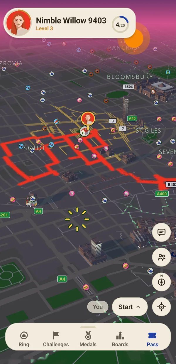 The map at dusk over Soho: a purple sky, the sun going down, walked streets in red.