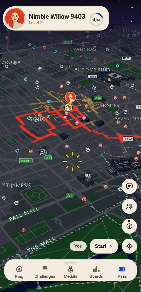 The same streets at night: dark buildings, the walked streets glowing red.